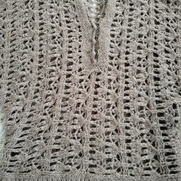 This is a Free People Pointelle Open Knit Alpaca Hooded Sweater in brown. Small - Picture 6 of 13